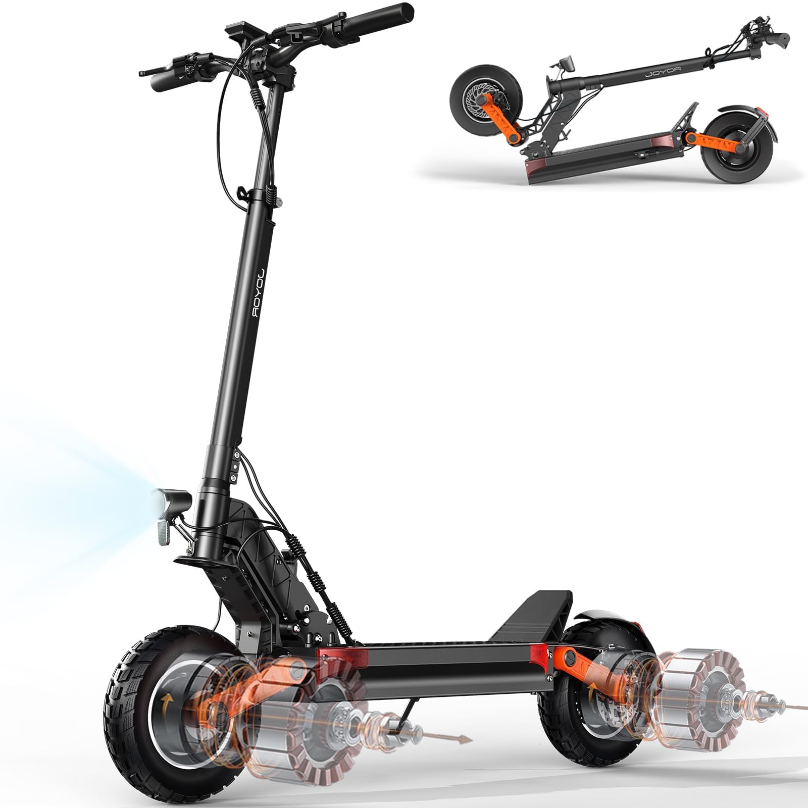 JOYOR Monopattino Elettrico, 60-90KM 48/60V 18Ah, Carico 150kg, Doppio Ammortizzatore e Freni a Disco Anteriori e Posteriori, Monopattino Elettrico per Adulti Pieghevole