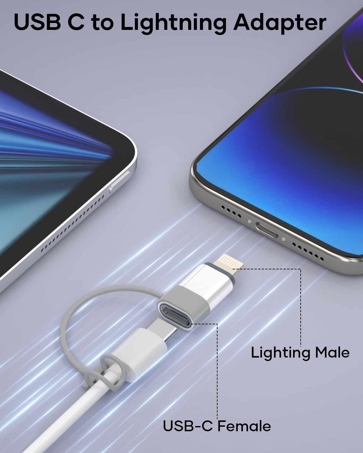 Adattatore USB C a Lightning, 2 Pezzi Adattatore Lightning USB C, Adapter iPhone di Supporta la Ricarica/Sincronizzazione dei Dati per iPhone 14/13/12/11/iPad/Airpods, Non per Cuffie/Audio/OTG