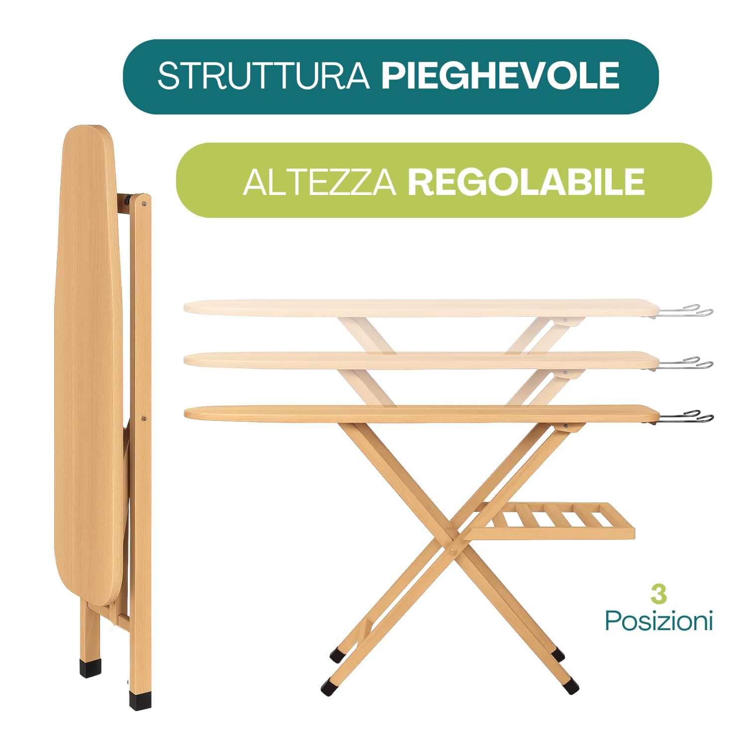 Paluplus Asse da Stiro Pieghevole in Legno di Faggio, Misura 120x35 cm, Altezza regolabile 3 Posizioni e Poggiaferro, Tavola da Stiro con Copriasse in Omaggio, Made in Italy -514F-6,3 (Naturale)