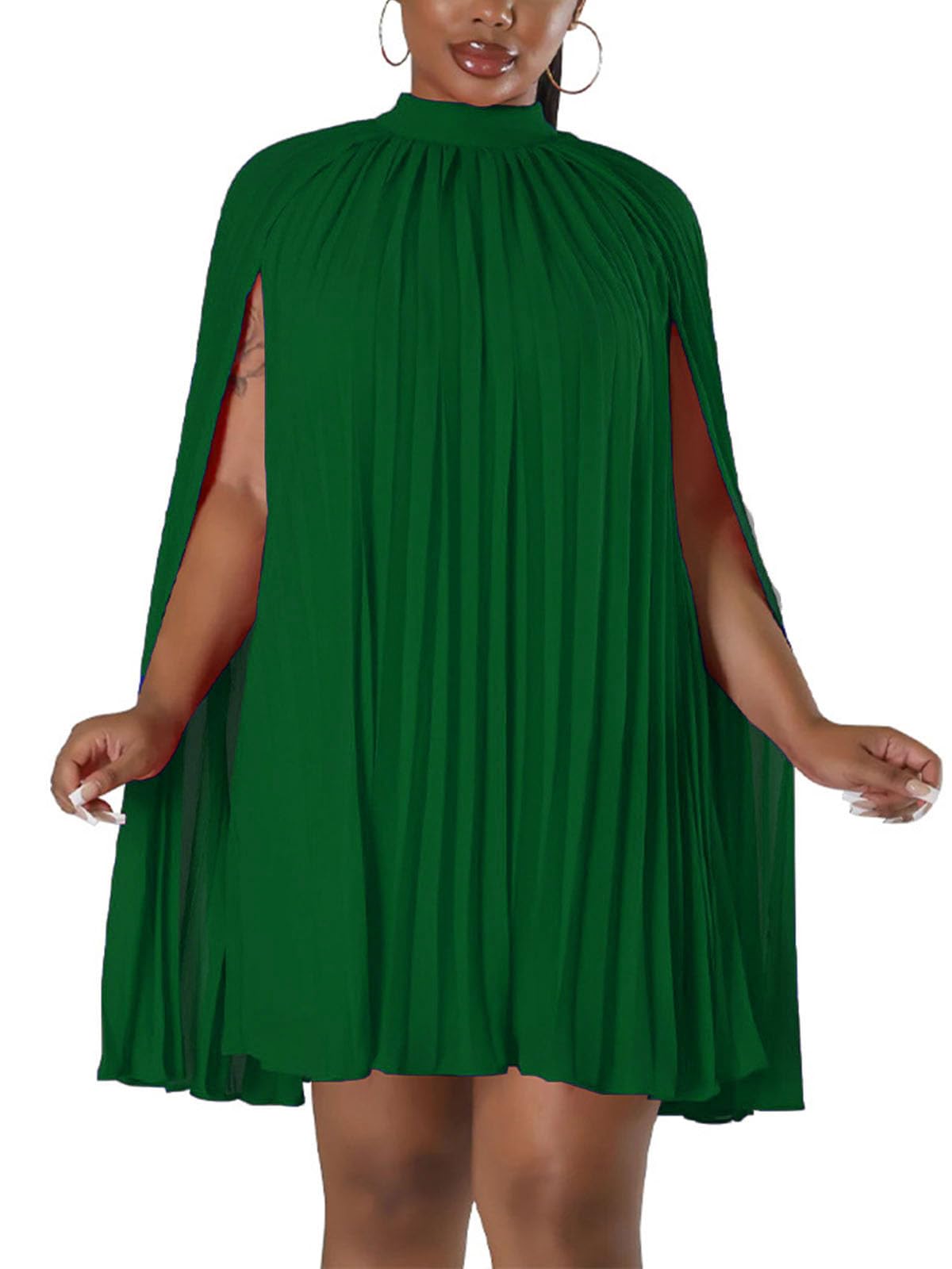 Women’s Casual Cape Sleeve Pleated Split Short Dress