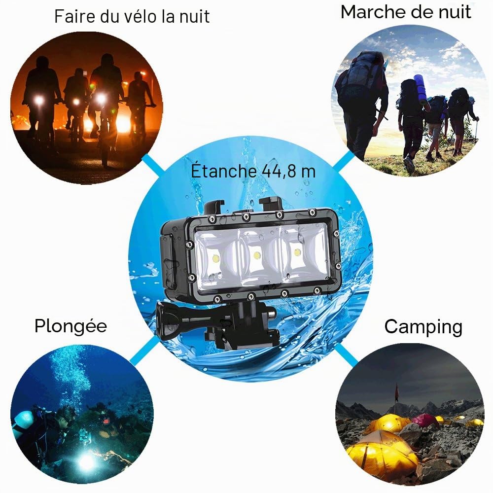 Suptig Lumière vidéo LED étanche Haute Puissance à intensité Variable pour Gopro Hero6/Hero5/5S/4/4S/3+/3/2 SJCAM SJ4000/Sj5000/Sj6000/Sj7000 Xiaoyi