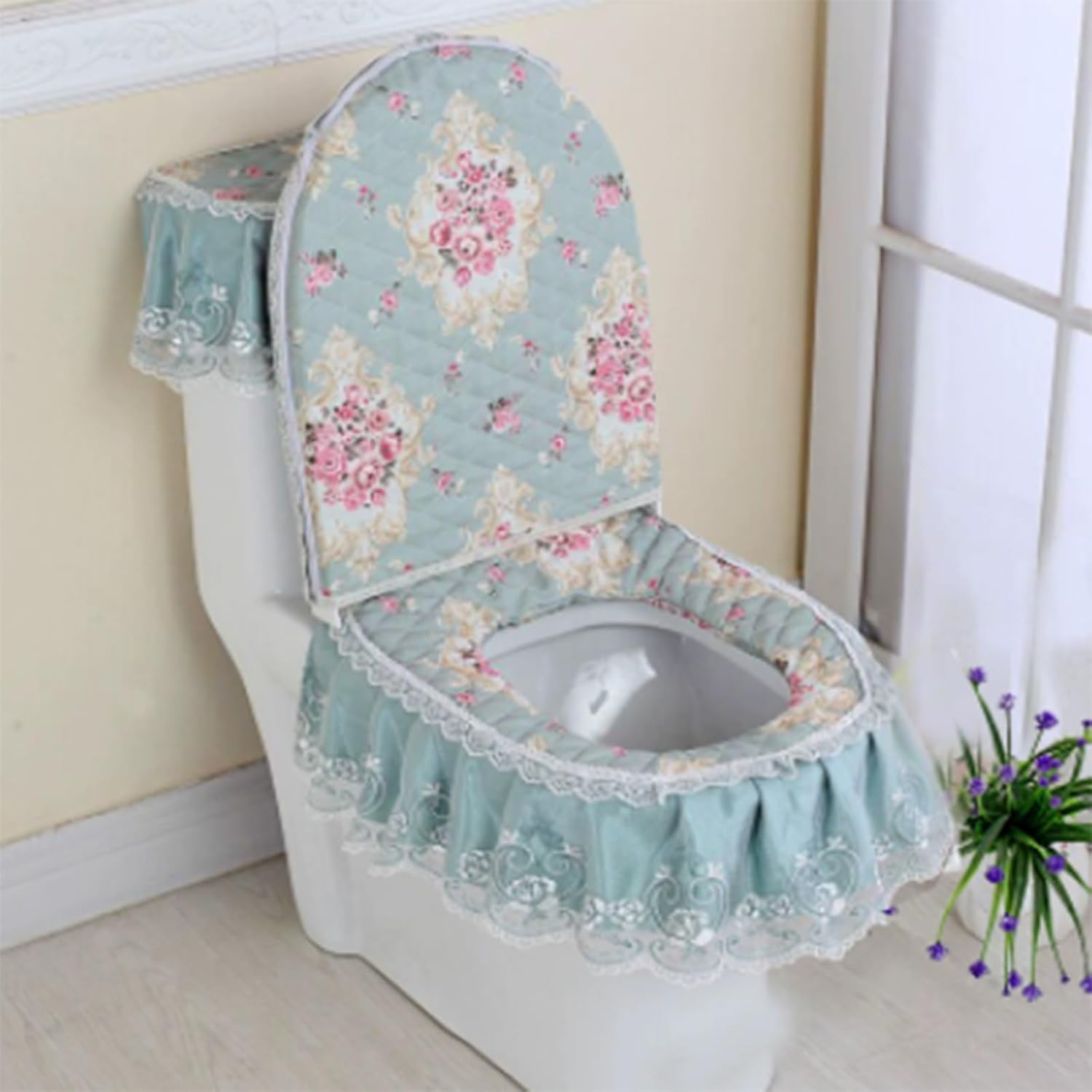 3PCS Toilet Seat Cover Set,Velvet Embroidery Lace Toilet Mat,Warmer Comfortable, with Elastic Ties,Toilet Seat Cover/Lid Cover/Tank Cover Set(D)
