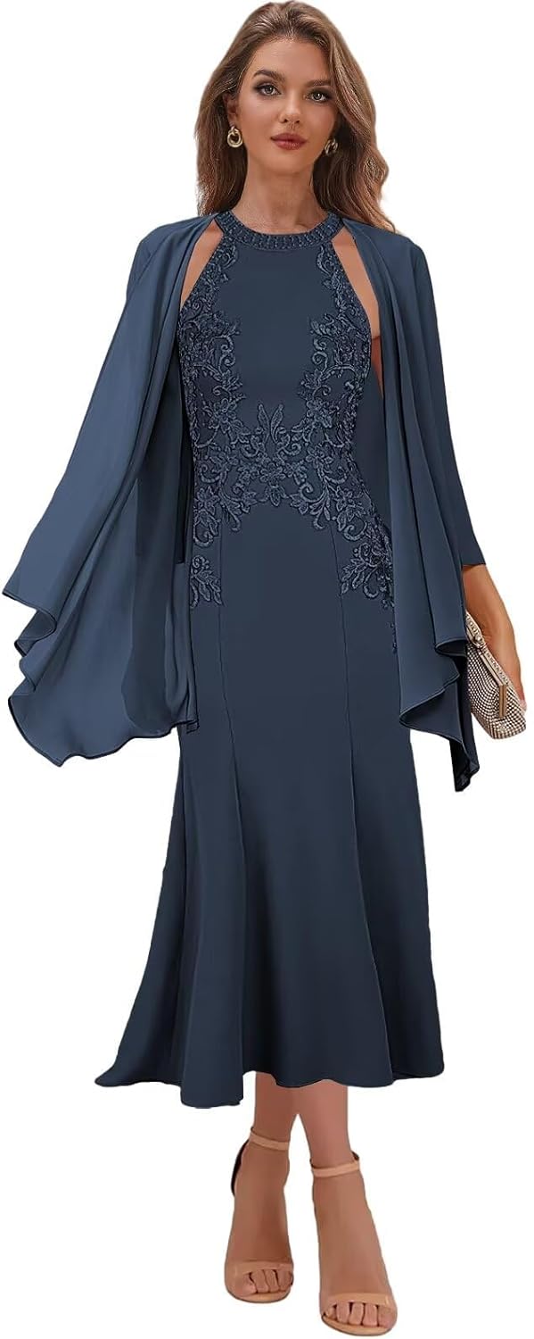 2 Pcs Mother of The Bride Dresses Tea Length - Halter Lace Applique Mermaid Satin Wedding Guest Formal Dress with Jacket