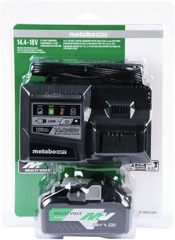 Metabo HPT MultiVolt Battery and Charger Starter Kit | 36V/18V | 4.0Ah/8.0Ah | Lithium Ion | Slide Style | Charger includes Built-in USB Port | UC18YSL3B1