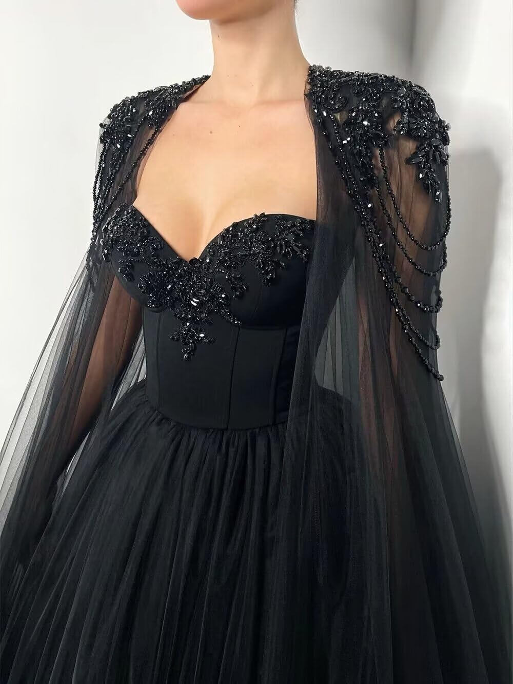 Mouccy Gorgeous Beaded Black Wedding Dresses with Cape Strapless Wedding Gowns for Bride Long Pearly Tulle Bridal Gowns