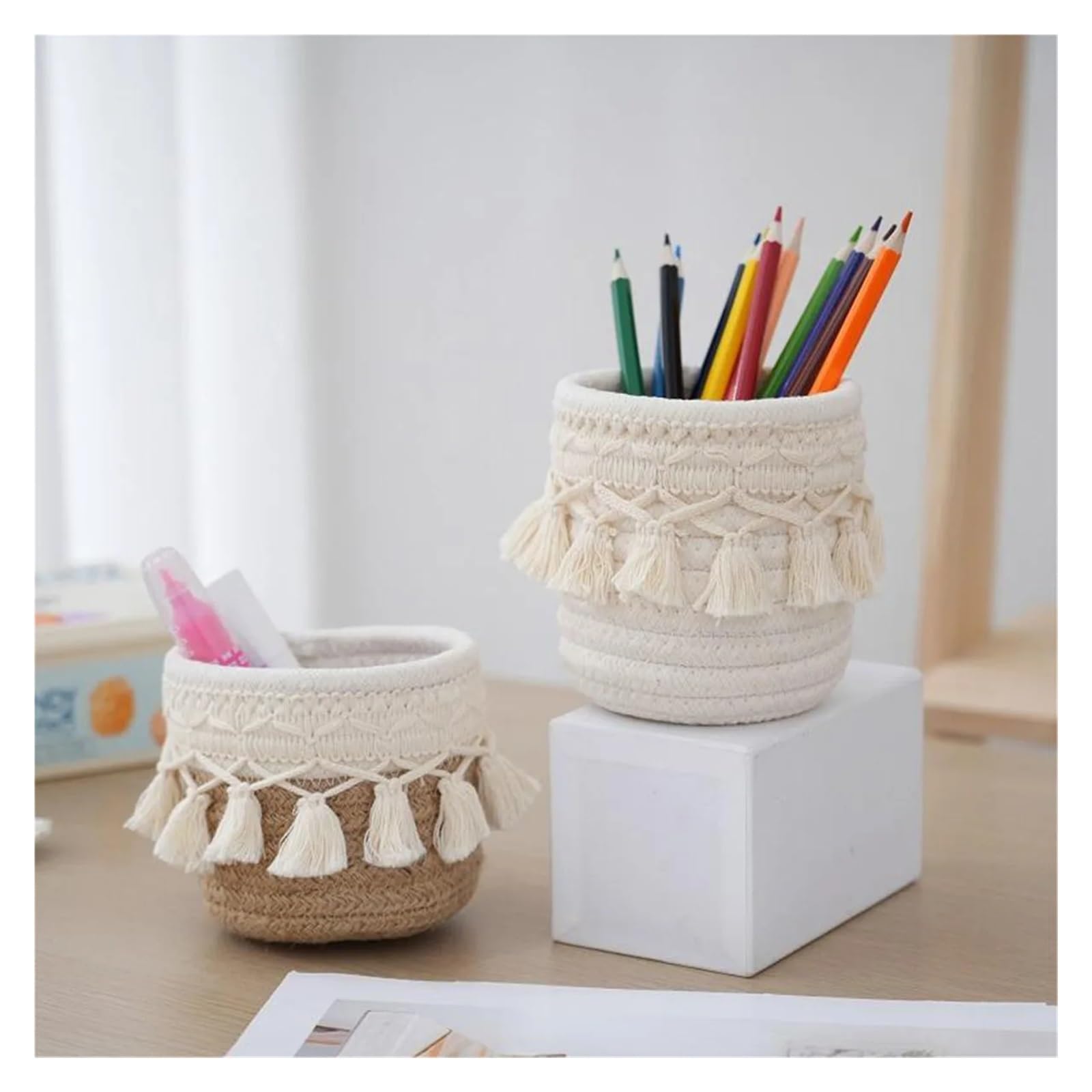 Cesta de almacenamiento tejida con borlas for tocador diario, organizador mesa para Dormitorio(Light Grey,3pcs)