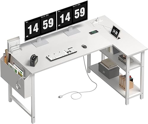 Lufeiya Escritorio blanco en forma de L para computadora con estantes de toma de corriente, escritorio de esquina de 47 pulgadas para oficina en