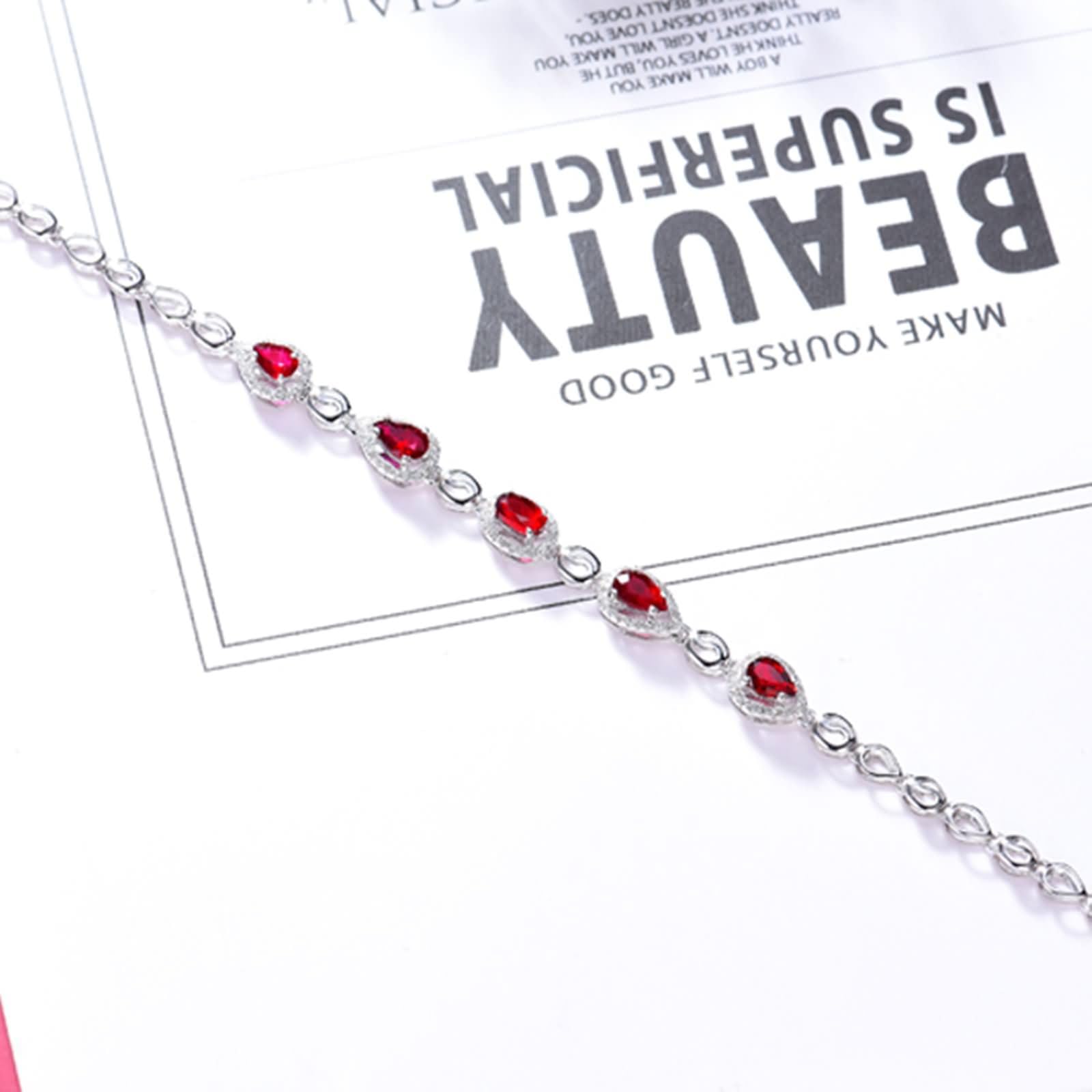 Pulsera Oro Blanco Mujer 9Kilates / 14Kilates / 18Kilates, Gota de Agua y Oval con Rubí Creado de 1,2 ct y Diamante, Cadena Extensible 16 CM + 5 CM, Pulsera Ajustable Mujer Cadena Plata Rojo