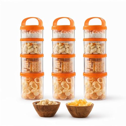 GROB StackIt 4-Layer Stackable Snack Container with Handle | Airtight Food Storage Jar | Multipurpose Dry Fruit, Biscuit & Namkeen Box | BPA Free Plastic | Travel & Kitchen Storage (Pack 3)