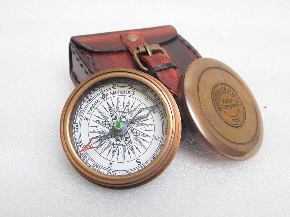 Authentic Vintage Style Brass Pocket Compass With Leather Case