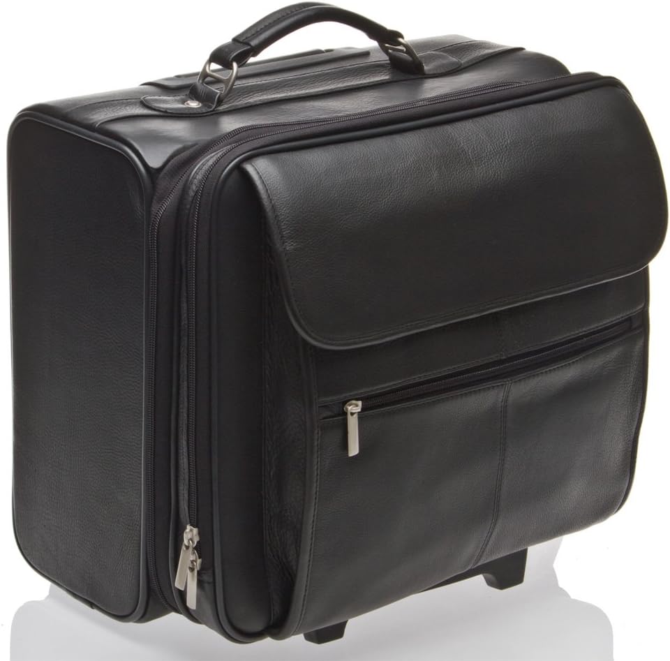 Black Real Leather Executive Trolley/Wheeled Business Bag/Laptop Case