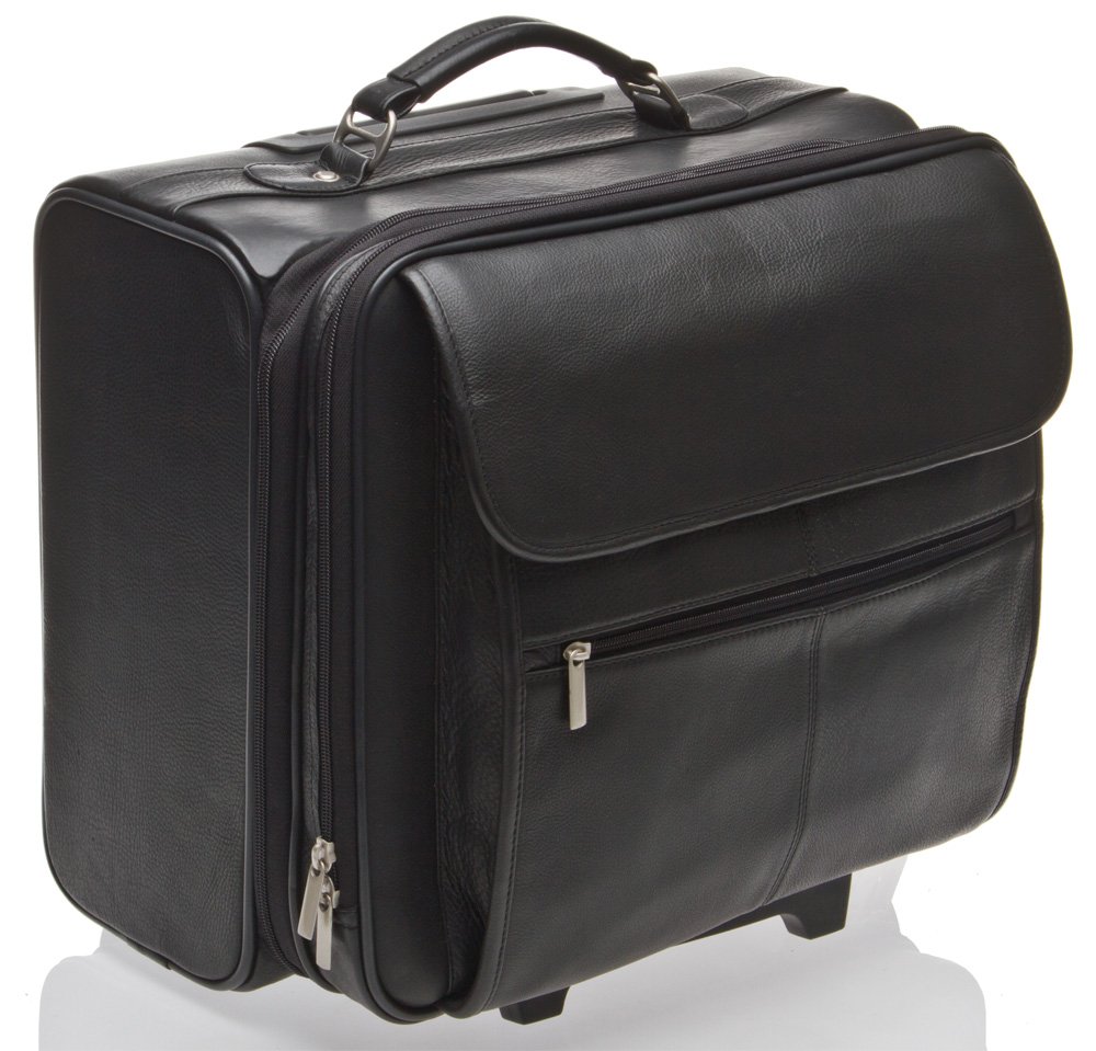 Black Real Leather Executive Trolley/Wheeled Business Bag/Laptop Case