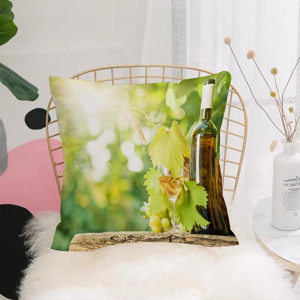 HYMSXW Cushion Cover,Throw Pillow Case Home Decorative for Living Room Bedroom Sofa Chair 20X20 Inch,Wine, Bottle of White Wine Glass Young Vine and Bunch of Grapes in Spring Green,Pillowcase 50X50cm