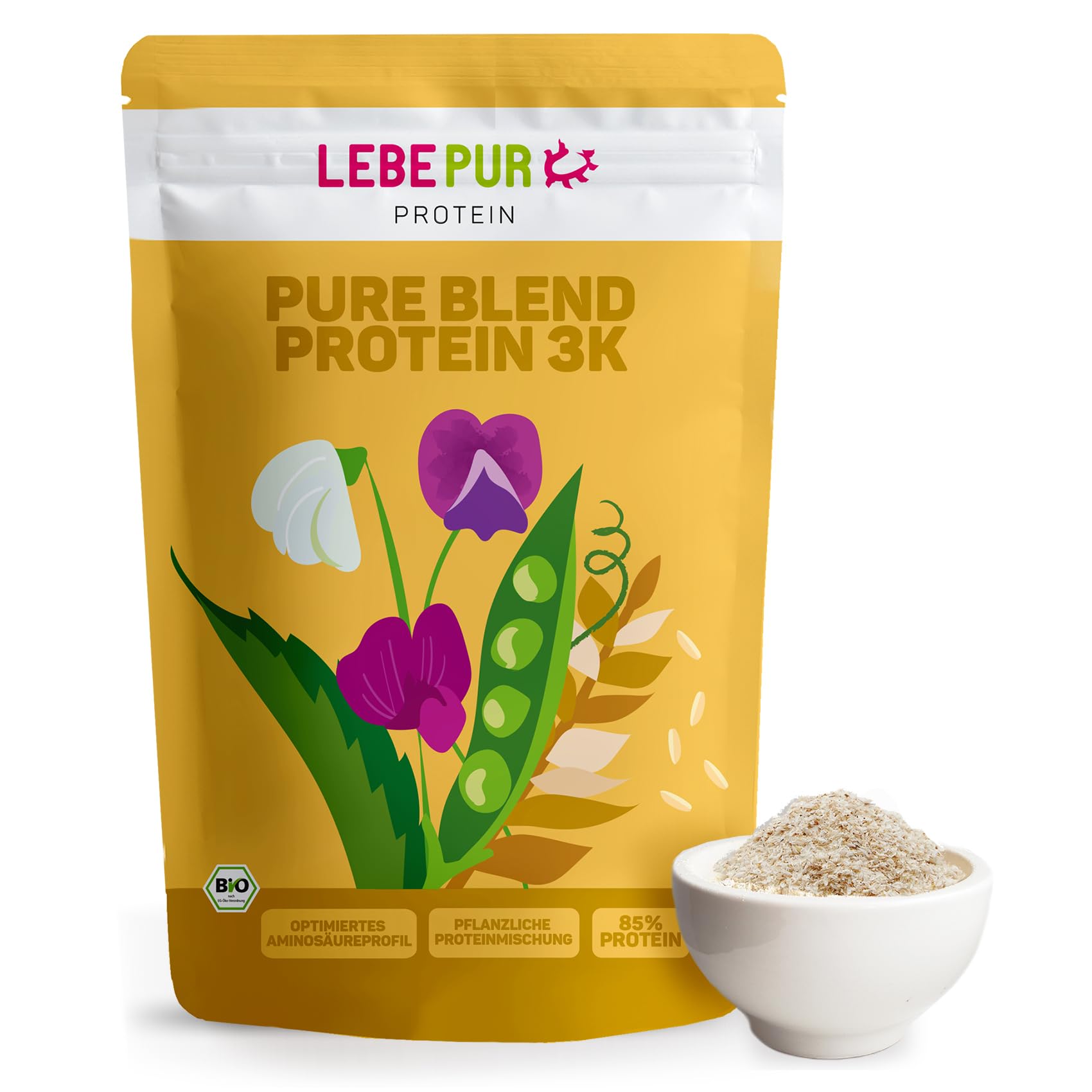 Lebepur BIO 3K Protein Pulver vegan 1kg - NEUTRAL - SOJAFREI - 80% Eiweiß aus Erbsenprotein, Reisprotein und Hanfprotein - ohne Zusatzstoffe, ohne Süßungsmittel - laborgeprüft, glutenfrei