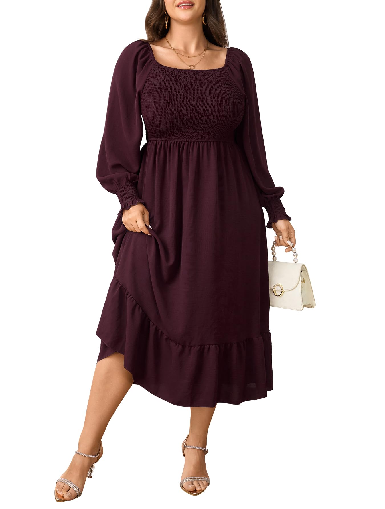 SCOMCHIC Womens Plus Size Maxi Dress Long Sleeve Square Neck Dress Casual Smocked Ruffle Swing Flowy Long Fall