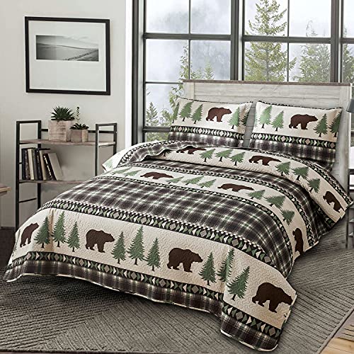 Jessy Home Quilt Set Queen Size Rustic Lodge Plaid Quilt Bed Spread Country Cabin Brown Bear Bedding Lightweight Reversible Quilts Home Bedspread Coverlet With 2 Pillow Shams thumb #1