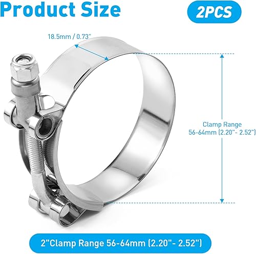 Miniatura 2 de Abrazadera de manguera de 2 pulgadas con perno en T - 2.205-2.520 in (2.20 - 2.52 pulgadas) Abrazaderas de manguera de acero inoxidable 304