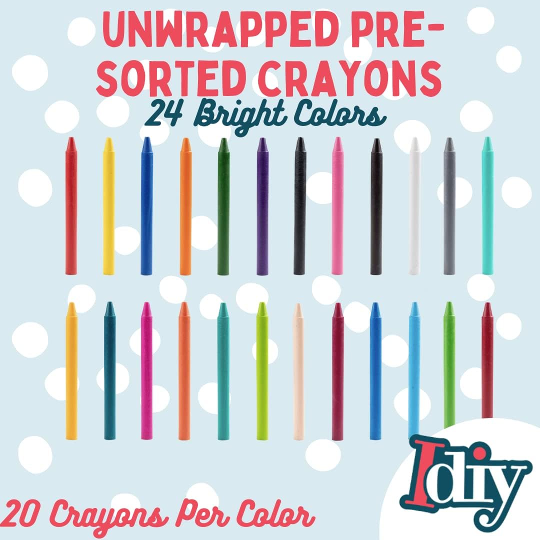 IDIY Unwrapped Bulk Wax Crayons 480 Count - 24 Assorted Colors (20 Each) Paperless & Pre-Sorted, Non-Toxic, ASTM Safety Tested for Kids, Teachers, Restaurants, Preschool Classroom Art Supplies