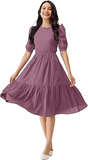 TRENDMALLS Dress for Women Cotton Blend Round Neck Half Puff Sleeve Flared Pleated Midi Western Dress