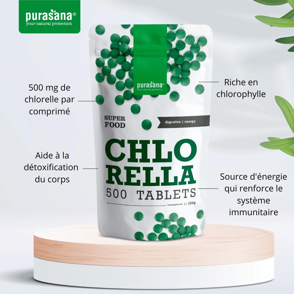 Purasana® Chlorella Biologique Pure Bio, 500 comprimés, 1500 mg par Dose. Paroi Cellulaire Brisée. Satiété Naturelle. Détox. Protéines Végétaliennes, Chlorophylle Biologique. Energie et Vitalité