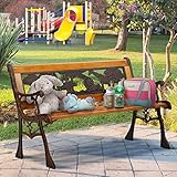 GINMAON Garden Bench - Small Outdoor Park Bench with Cast Iron Handrails & Wooden Slats - Natural Wooden Patio Bench for Kids, Playgrounds, and Backyards