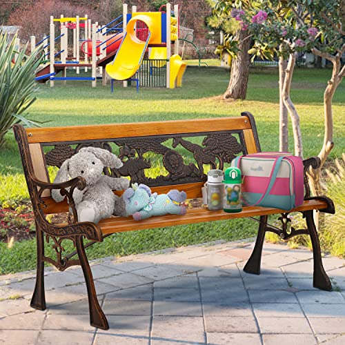 GINMAON Garden Bench - Small Outdoor Park Bench with Cast Iron Handrails & Wooden Slats - Natural Wooden Patio Bench for Kids, Playgrounds, and Backyards