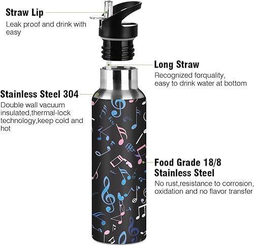 Miniatura 3 de Colorful Musical Notes Insulated Stainless Steel Water Bottle with Straw 20 Oz Leakproof Water Bottles, BPA-Free Sports Water Bottle with Straw