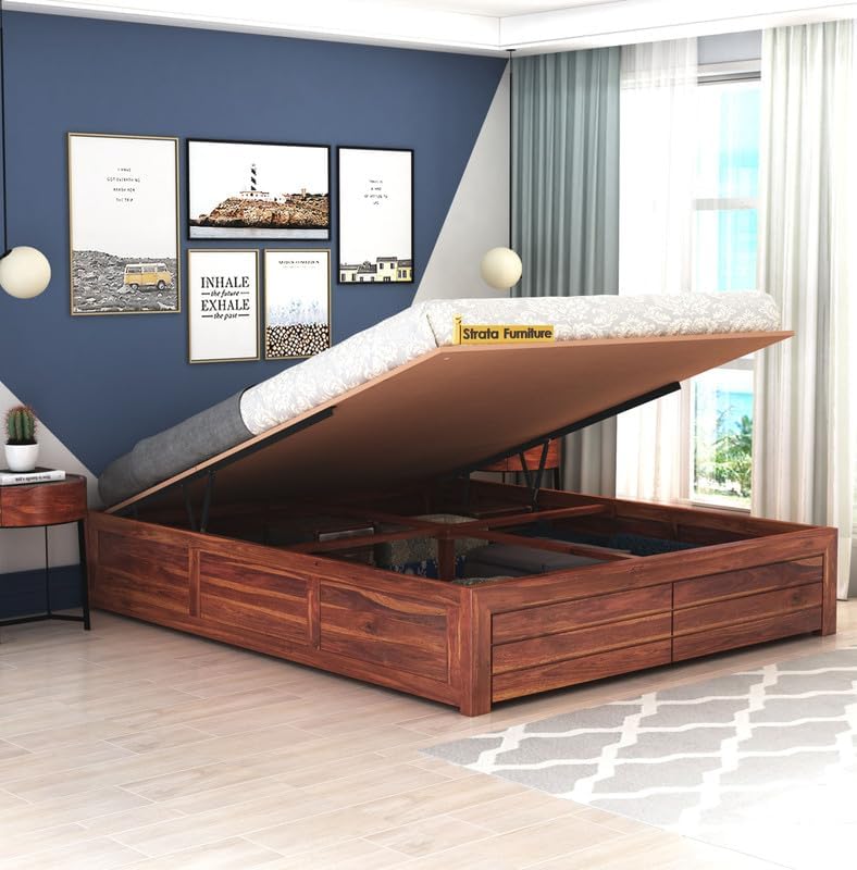 Strata Furniture Sheesham Wood Queen Size Bed with Hydraulic Storage ...