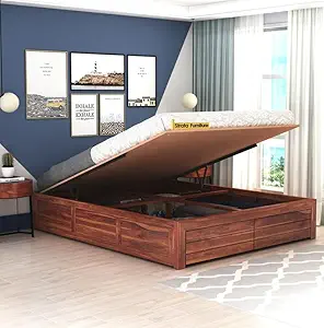 Strata Furniture Sheesham Wood King Size Bed with Hydraulic Storage for Living Room Bedroom Home Wooden Double Bed Cot Palang Furniture (Honey Finish)