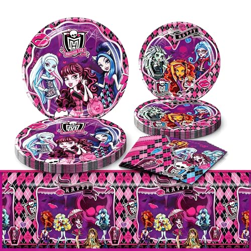 41Pcs Monster Party Supplies Gothic Paper Plates (9+7) Napkins and 1 Tablecloth Decorations with Skull Bat Print for Birthday Horror Movie Night Halloween Party