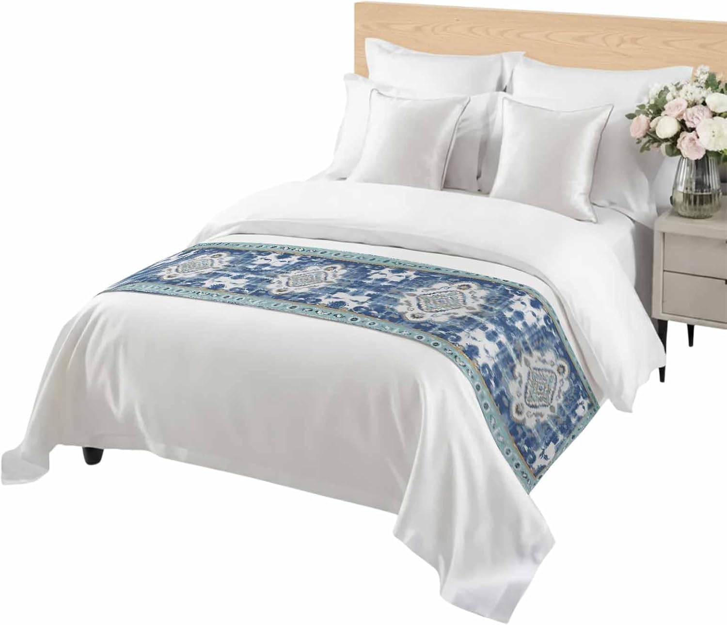 Blue Boho Bed Runner King Size, Farmhouse Bohemian Medallion Oriental Flower Bed Scarf Protector Slipcover for Bedroom Wedding Room Hotel, Bedding Runner Throws for Foot of Beds 94"x20"
