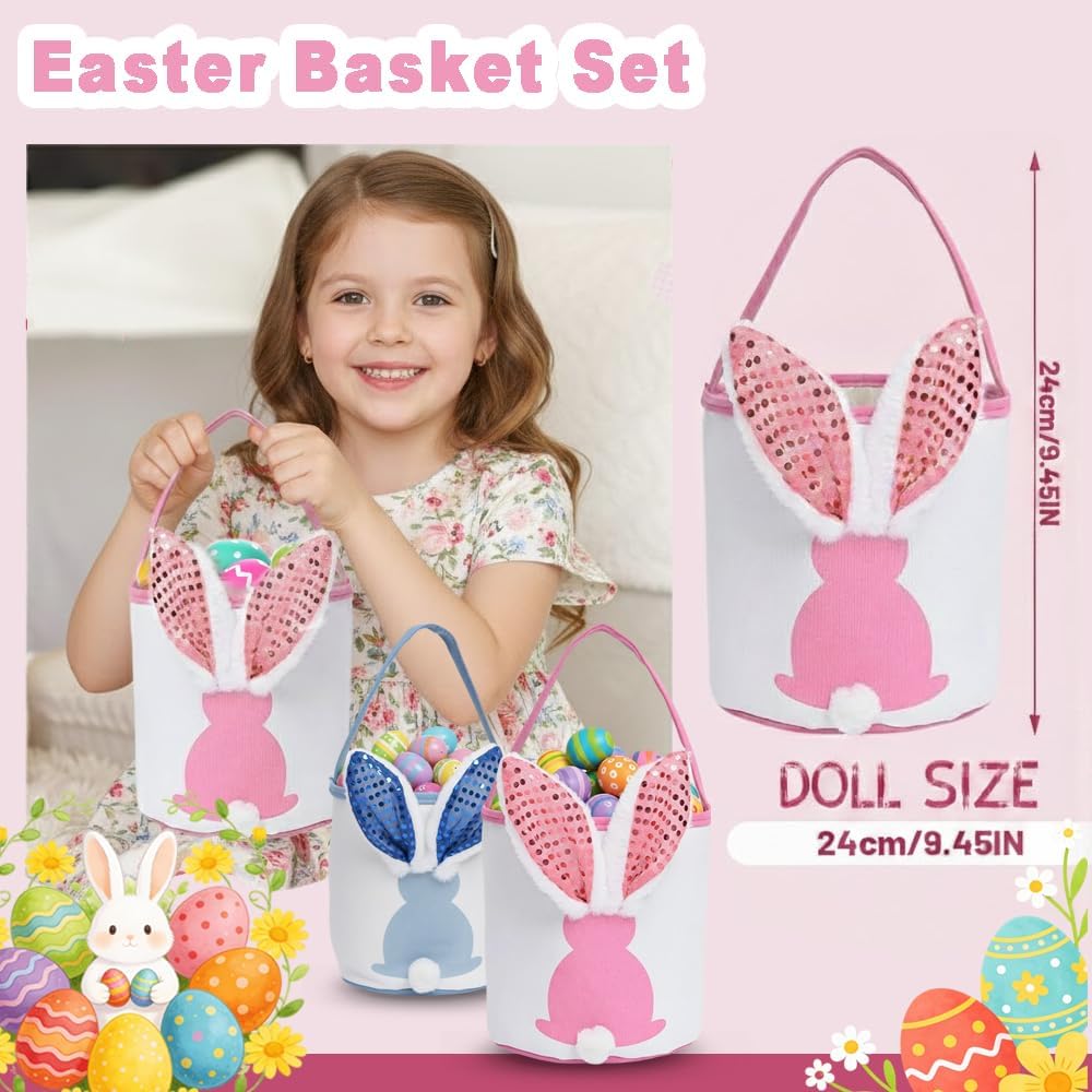 2 Packs Easter Baskets, Easter Bunny Baskets with Handle Gift Baskets Tote Bags Cute Egg Hunt Buckets for Easter Eggs Hunt, Easter Party Favor(No Easter Eggs)