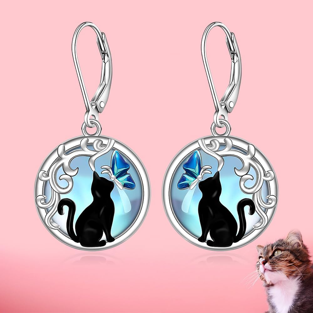 Cat Earrings Moonstone Black Cat Earrings for Women 925 Sterling Silver Cute Leverback Dangle Drop Filigree Butterfly Jewelry Gifts - Image 7