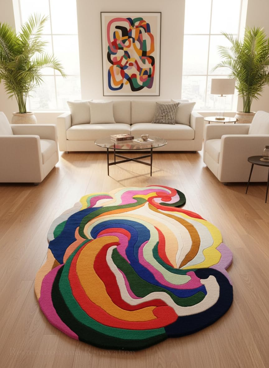 Hand-Tufted Colorful Abstract Area Rug – Vibrant Multicolor Modern Wool Carpet, Unique Organic Shape & Non-Slip Backing, Perfect for Living Room, Bedroom, or Kids’ Playroom (Multi, 5' x 8')