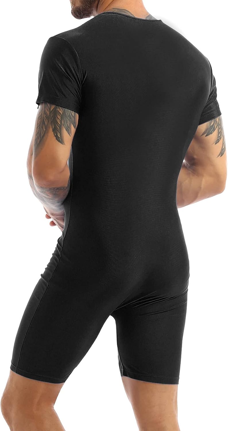 Men's One Piece Short Sleeve Zipper Front Dance Workout Bodysuit Biketard Unitard Jumpsuit