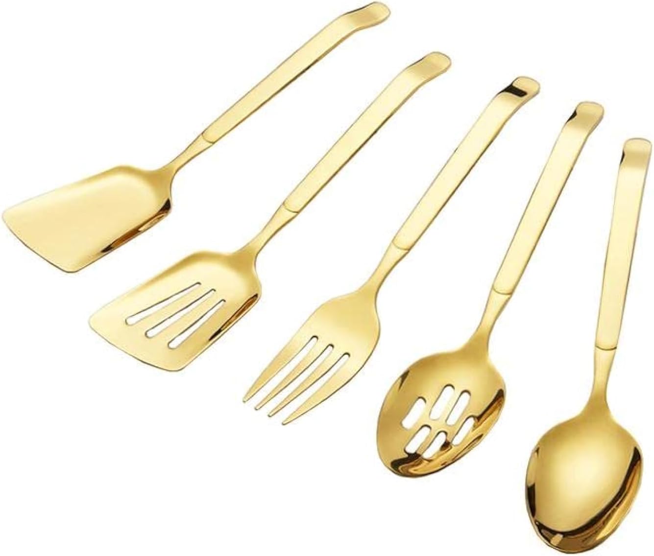 Kitchen Utensils Set 5 PCs Gold Serving Spoon Slotted Spoon Slotted Spactula Flat Turner Dinner Fork Cooking Tool Set