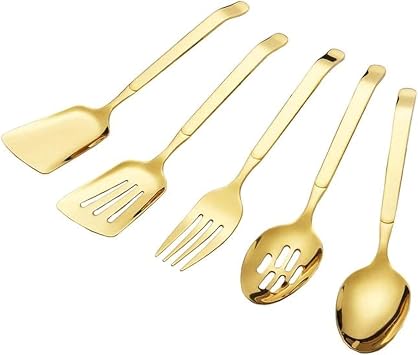 Kitchen Utensils Set 5 PCs Gold Serving Spoon Slotted Spoon Slotted Spactula Flat Turner Dinner Fork Cooking Tool Set