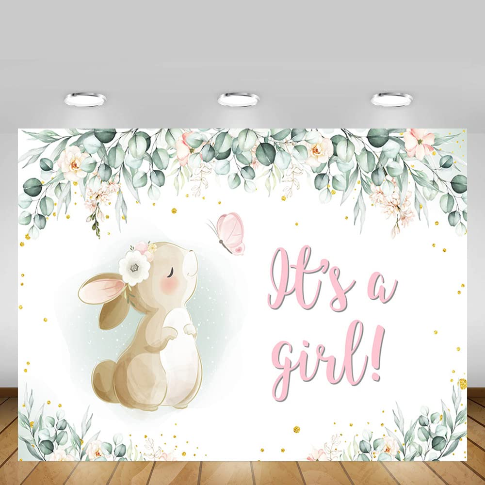 Hintergrund Für Babyparty „Oh Baby It's A Girl“ – 210x150 Cm, Rosa Mit Hasen & Blumen, Aus Polyester