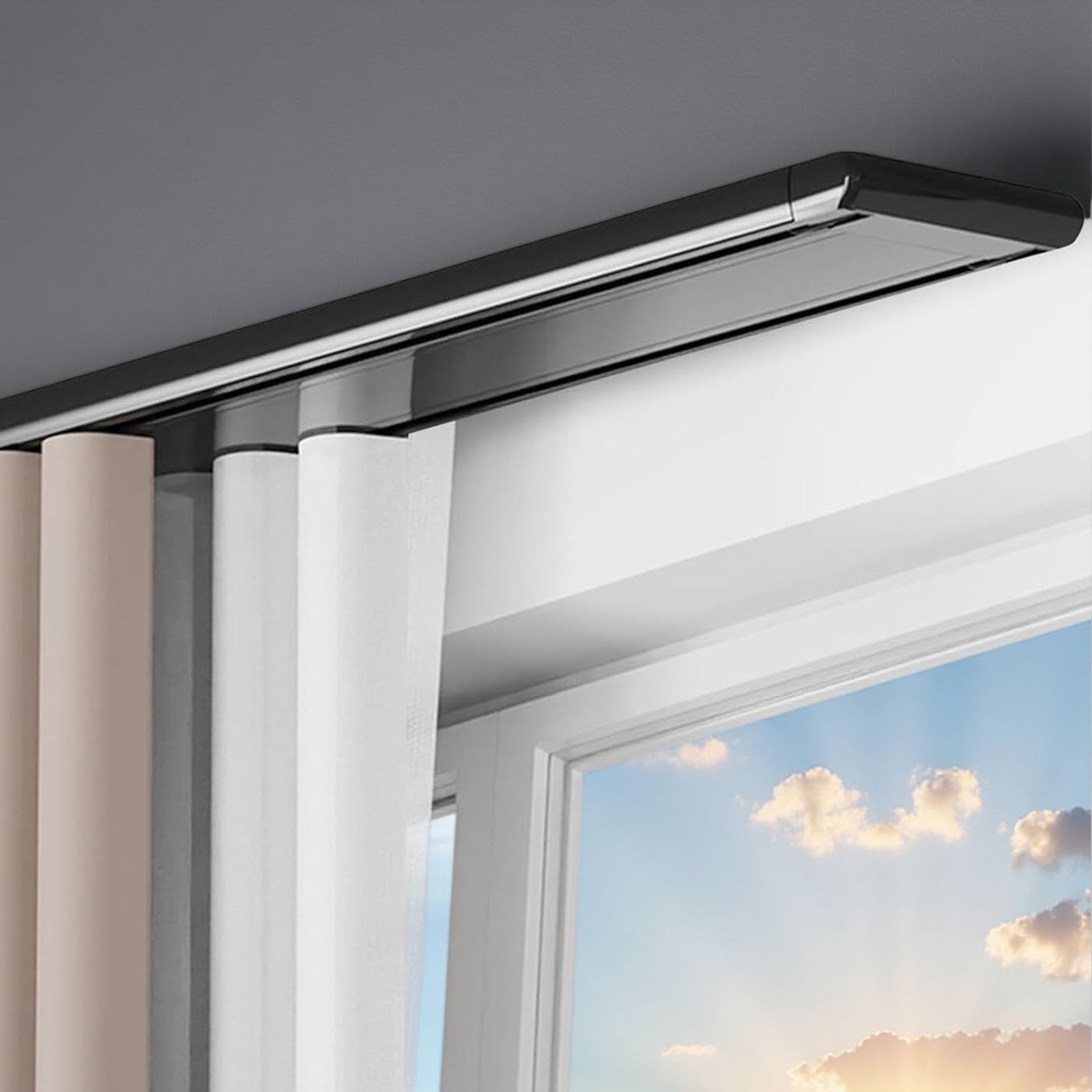 Double Curtain Track Double Curtain Track Conjoined Curtain Rails Ceiling Mount Room Divider Kit Aluminum Alloy Curtain Rail Runner Set with Heavy Duty Ceiling Mount Brackets(Black,2.8m(9.2ft))