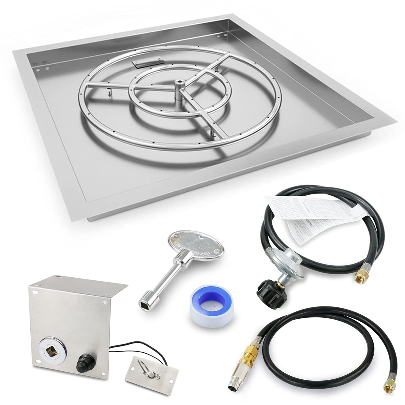 GRISUN Drop-in Fire Pit Kit 18 x 18 Inch, Round Burner with Tray, Come with Upgraded Spark Ignition Kit for Gas Fire Pit, Fire Table Insert Stainless Steel, Suitable for Indoor Outdoor Decoration