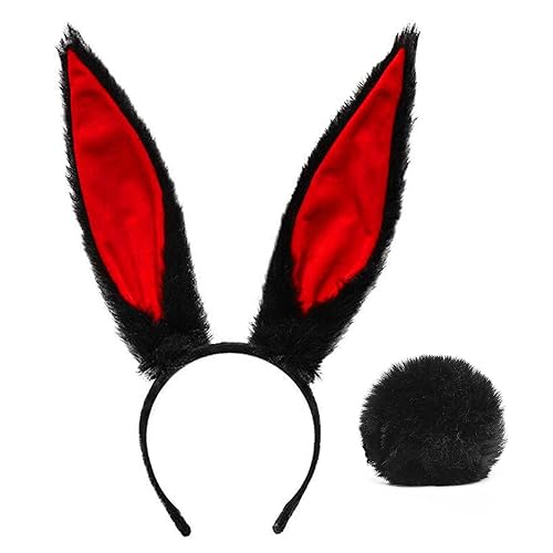 SPPOTY Bunny Ears Headband Furry Rabbit Ear And Tail Halloween Accessories White/Black/Grey - Black Ears + Tail