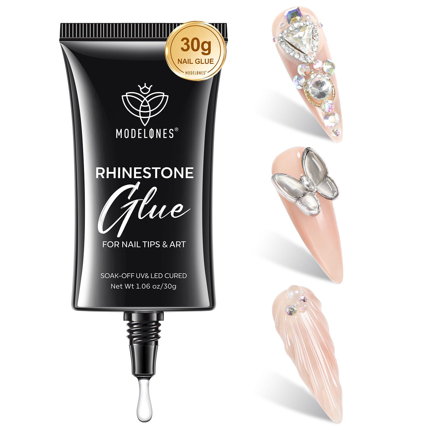 Modelones 4-in-1 Rhinestone Glue - Super Strong for Press On Nails, Gems, Charms & Rhinestones, No Wipe Nail Art Glue, 30g Cured Needed