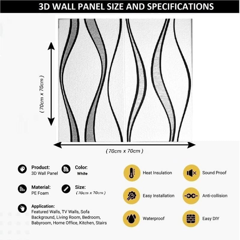 STL Self Adhesive 3D Wall Sticker for Home Décor | Waterproof & Peel and Stick 70 x 77cm Foam Wall Panel | PE Foam Wall Covering, Living Room, Bedroom, Kitchen & Office (Wavy Strip White, Pack of 1) 2