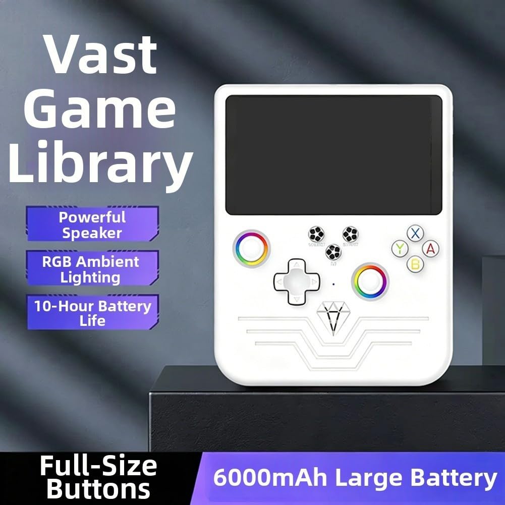 R60max - Console portatile per videogiochi retrò, con display HD da 5 pollici, 20000 giochi precaricati in esecuzione per Linux Os, unità nera leggera per giocare (bianco)