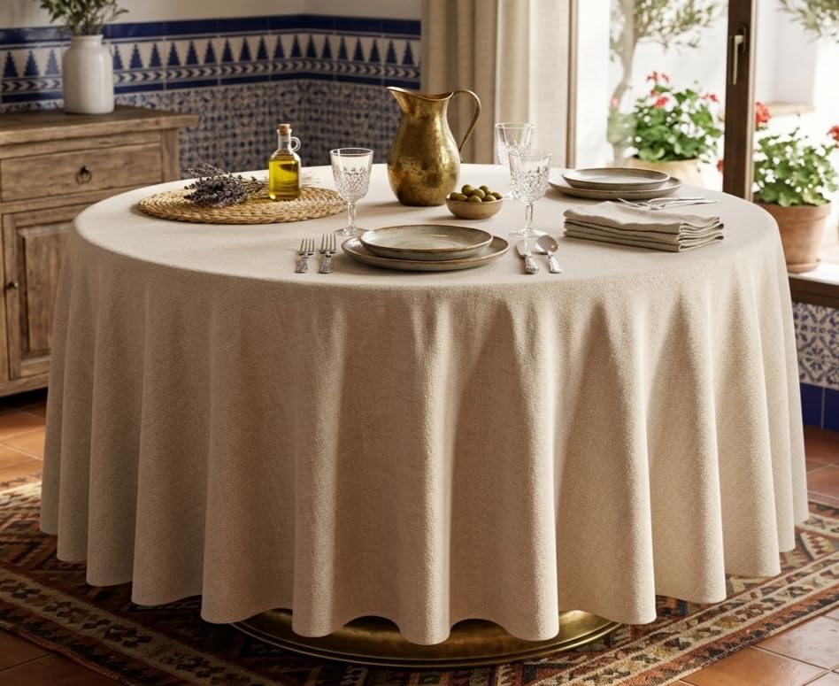 Falda Mesa Camilla Redonda Precio PROMOCIÓN Tejido Primavera Verano De Loneta -con Altura para Mesa 75 cm - 50% Algodón 50% Poliester Fabricado en España (Crudo, 100/250 cmts)