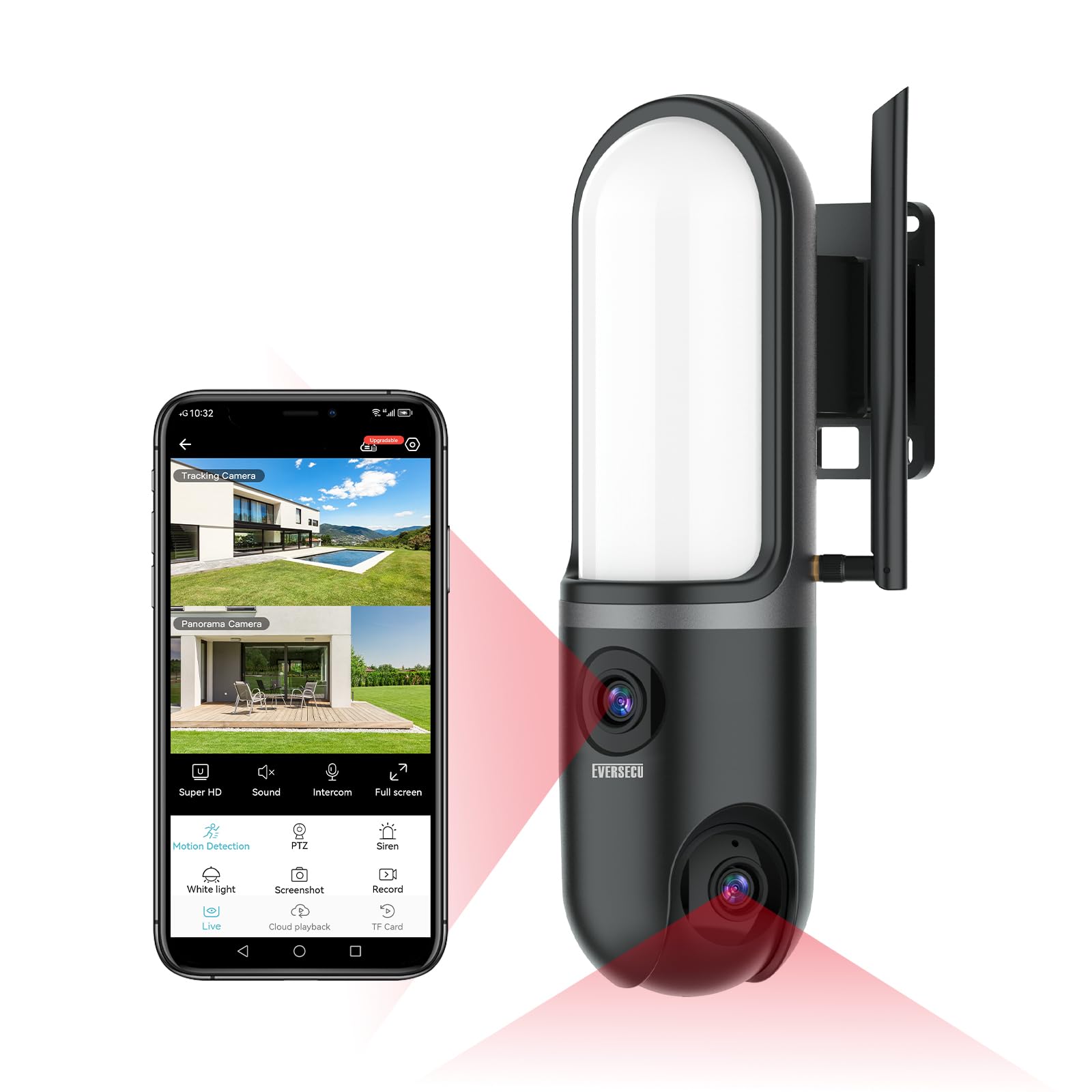 EVERSECU Caméra murale étanche à double objectif, vidéo 3K, projecteur 1200 lm, audio bidirectionnel, suivi automatique PTZ, prend en charge ONVIF et RTSP et Alexa, stockage Cloud/SD, caméra de