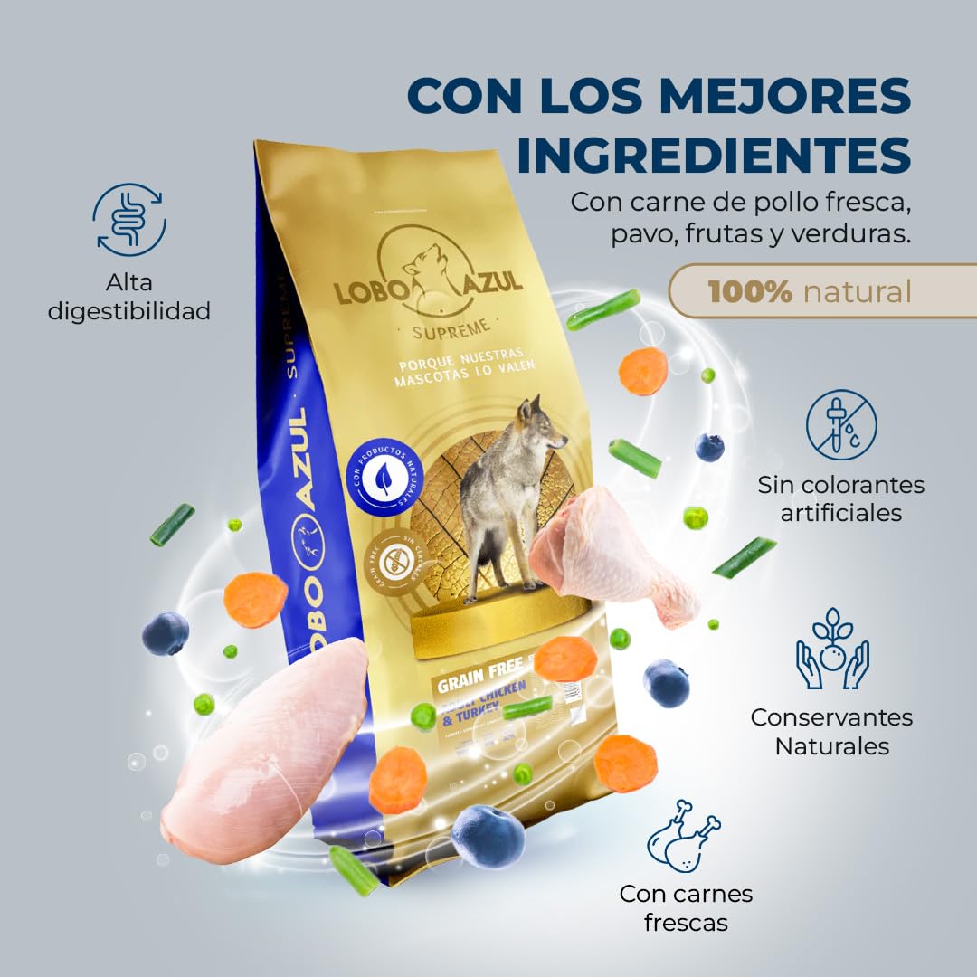 Pienso para Perros sin Cereales de Pollo Fresco y Pavo - Comida Natural e Hipoalergénica para Perros Adultos - Alimento Completo y Digestible - 12kg Lobo Azul Adult Chicken & Turkey