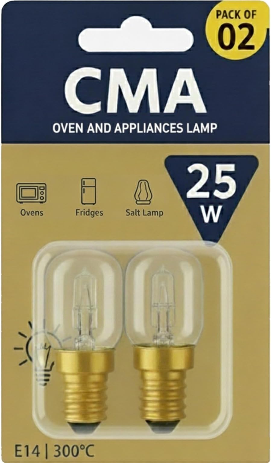 CMA 25Watt Oven Light Bulb,SES E14 Small Screw Cap, High Temperature 300°C, Incandescent Pygmy Lamp for Appliances Like Oven, Microwave, Cooker Hood, Fridge, 2 Pack