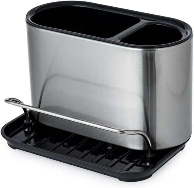 Casa & Casa Classico Stainless Steel Kitchen Sink Organiser with Tray, Caddy Sponge Holder, Tidy Utensil Holder, Drains Water for Kitchen & Bathroom, Fingerprint-Proof Coating, Sink Area Organiser