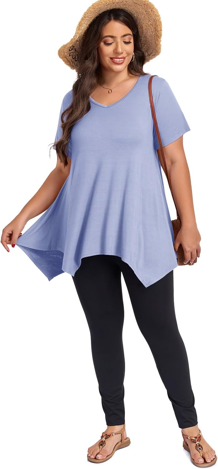LARACE Plus Size Tops for Womens Summer Clothes Short Sleeve Shirts Casual V Neck Tunic Asymmetrical Blouses - Image 6